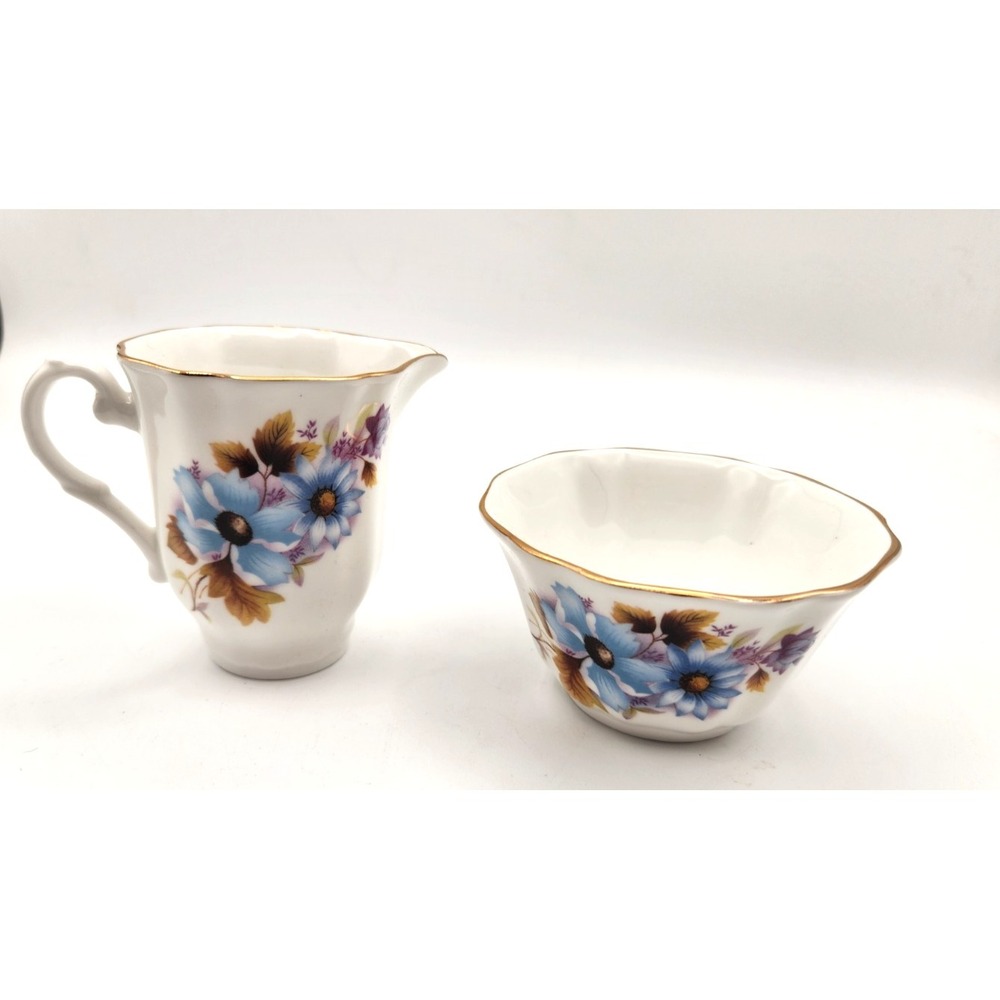 Royal Grafton England China Creamer Open Sugar Set Blue Flowers